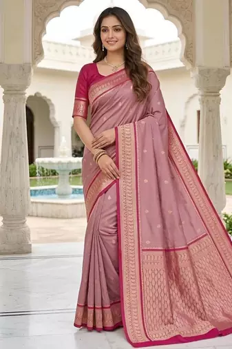 Peach color silk blend zari butti weaving sarees