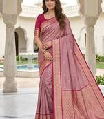 Peach color silk blend zari butti weaving sarees