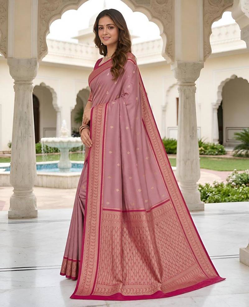 Peach color silk blend zari butti weaving sarees