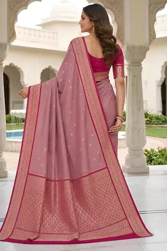 Peach color silk blend zari butti weaving sarees