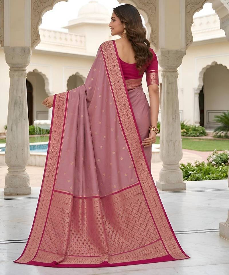 Peach color silk blend zari butti weaving sarees