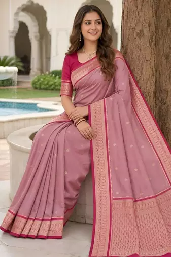 Peach color silk blend zari butti weaving sarees