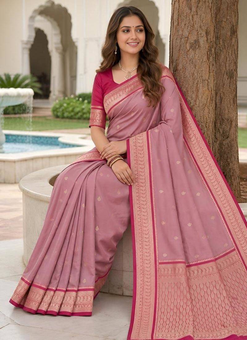 Peach color silk blend zari butti weaving sarees