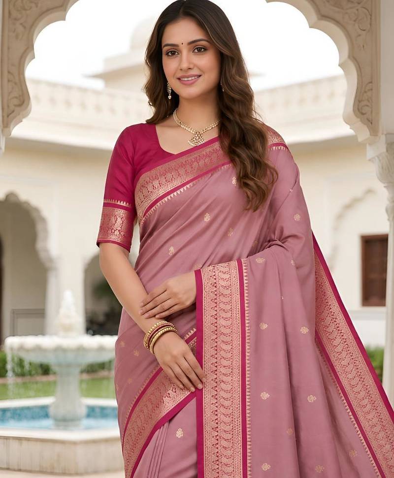 Peach color silk blend zari butti weaving sarees