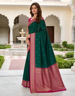 Green color silk blend zari butti weaving sarees 2