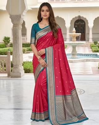 Rani pink color silk blend zari butti weaving sarees 1