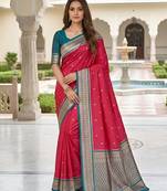 Rani pink color silk blend zari butti weaving sarees