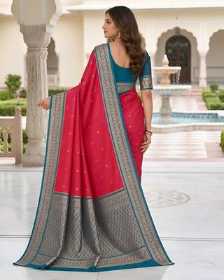 Rani pink color silk blend zari butti weaving sarees 2