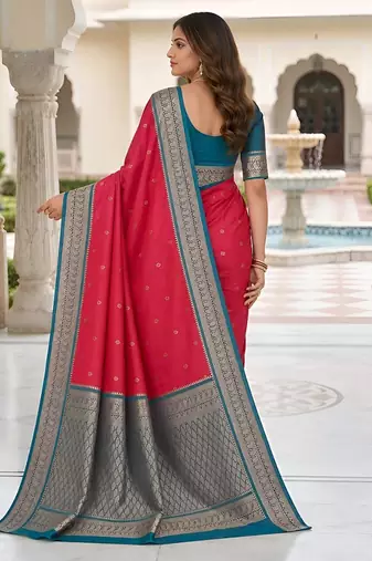 Rani pink color silk blend zari butti weaving sarees