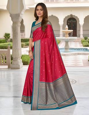 Rani pink color silk blend zari butti weaving sarees 3