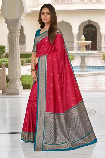 Rani pink color silk blend zari butti weaving sarees