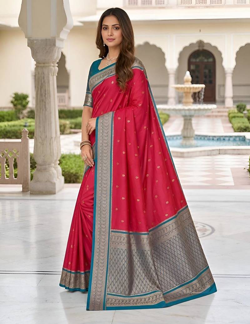 Rani pink color silk blend zari butti weaving sarees