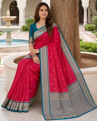 Rani pink color silk blend zari butti weaving sarees 4
