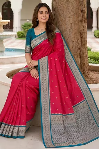 Rani pink color silk blend zari butti weaving sarees