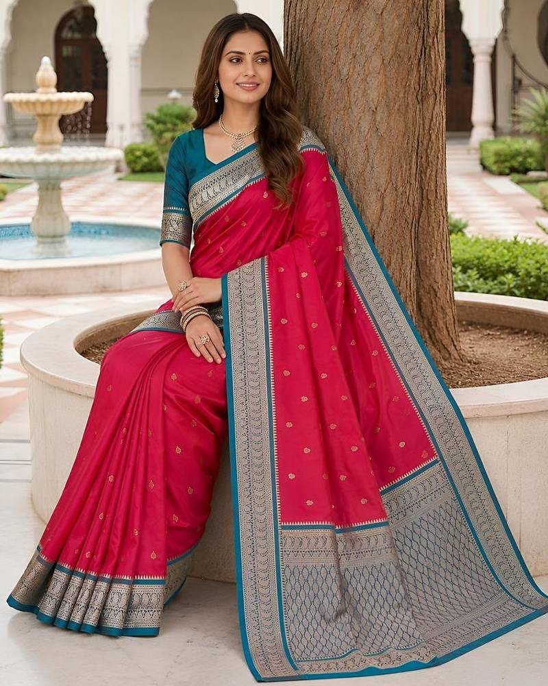 Rani pink color silk blend zari butti weaving sarees