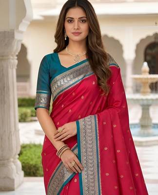Rani pink color silk blend zari butti weaving sarees 5