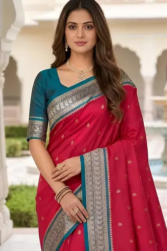 Rani pink color silk blend zari butti weaving sarees