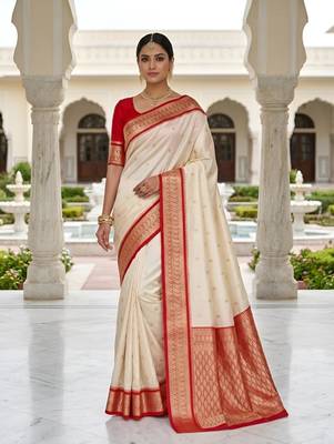 White color silk blend zari butti weaving sarees 1