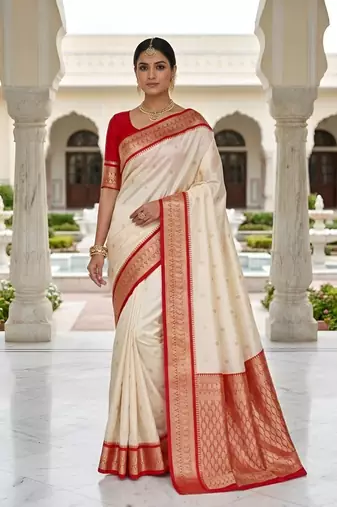 White color silk blend zari butti weaving sarees