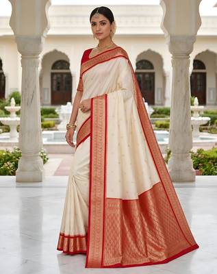 White color silk blend zari butti weaving sarees 2