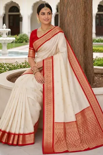White color silk blend zari butti weaving sarees
