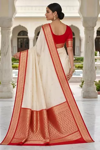 White color silk blend zari butti weaving sarees