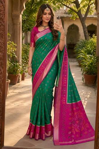 Green color pochampally silk blend ikkat pattern zari woven border sarees