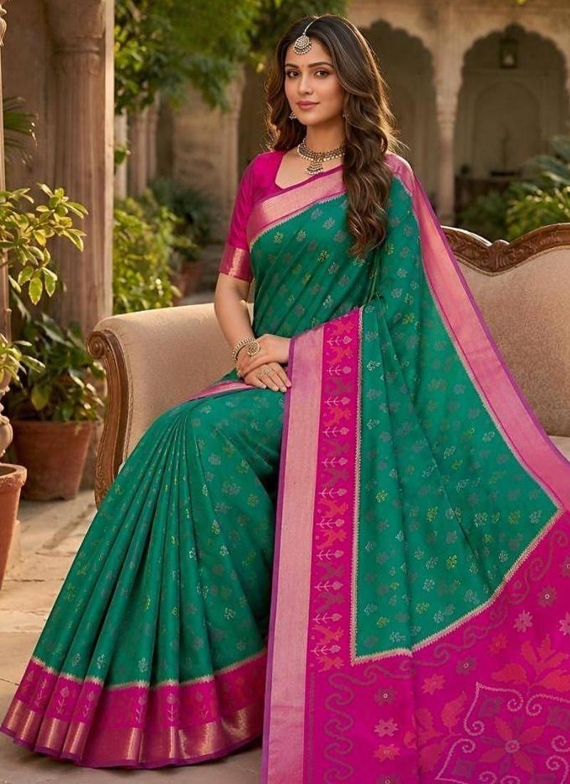 Green color pochampally silk blend ikkat pattern zari woven border sarees