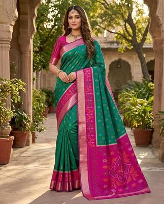 Green color pochampally silk blend ikkat pattern zari woven border sarees 3