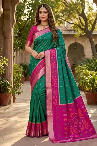 Green color pochampally silk blend ikkat pattern zari woven border sarees