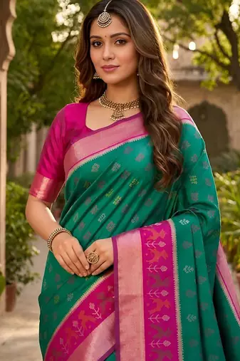 Green color pochampally silk blend ikkat pattern zari woven border sarees
