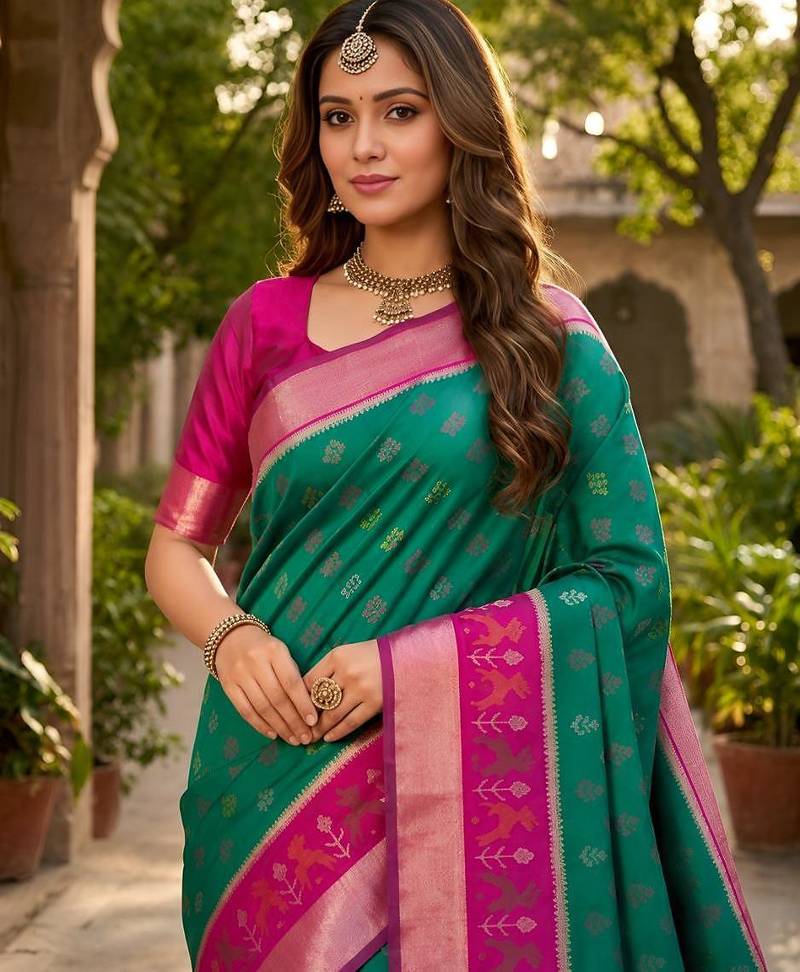 Green color pochampally silk blend ikkat pattern zari woven border sarees