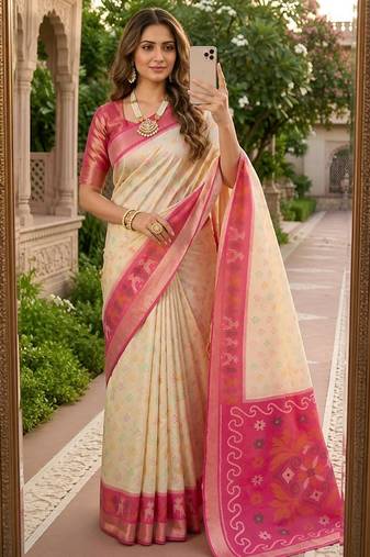 White color pochampally silk blend ikkat pattern zari woven border sarees