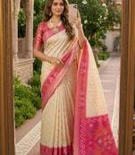 White color pochampally silk blend ikkat pattern zari woven border sarees