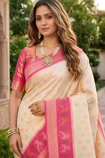White color pochampally silk blend ikkat pattern zari woven border sarees