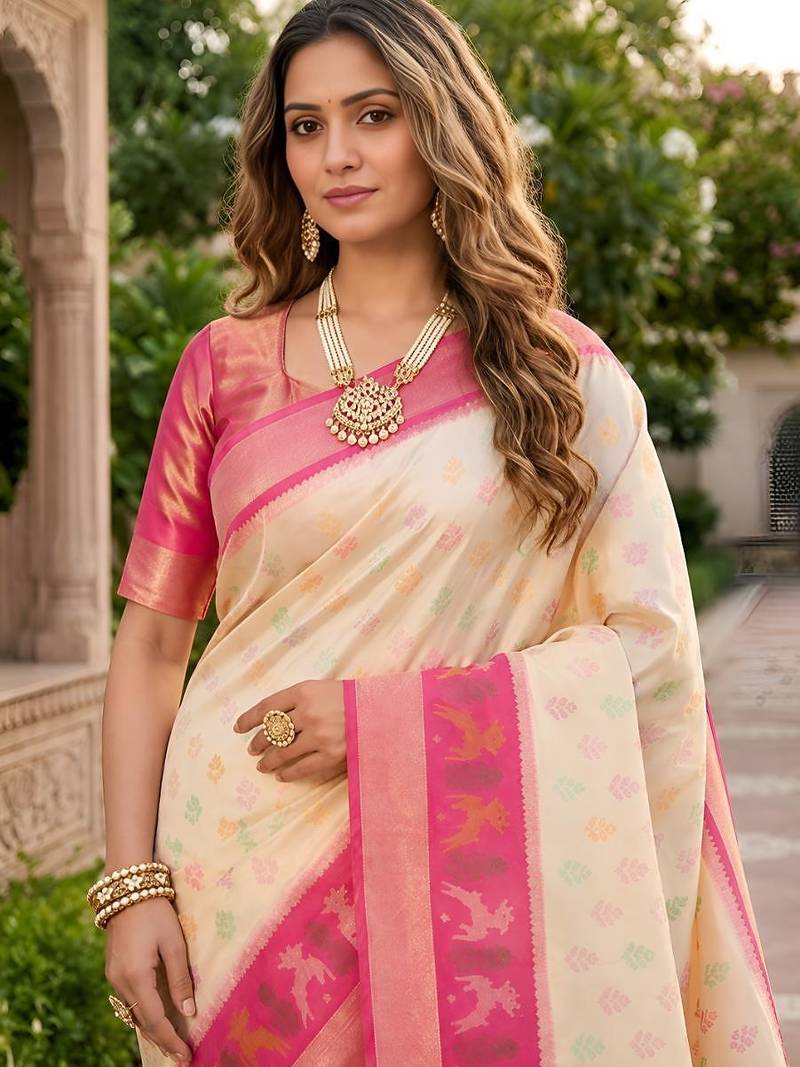 White color pochampally silk blend ikkat pattern zari woven border sarees