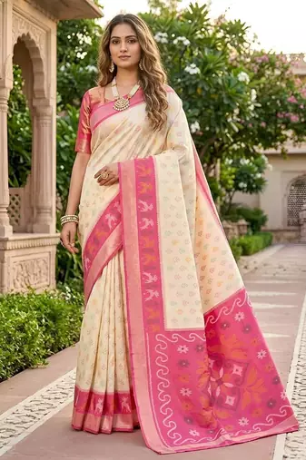 White color pochampally silk blend ikkat pattern zari woven border sarees