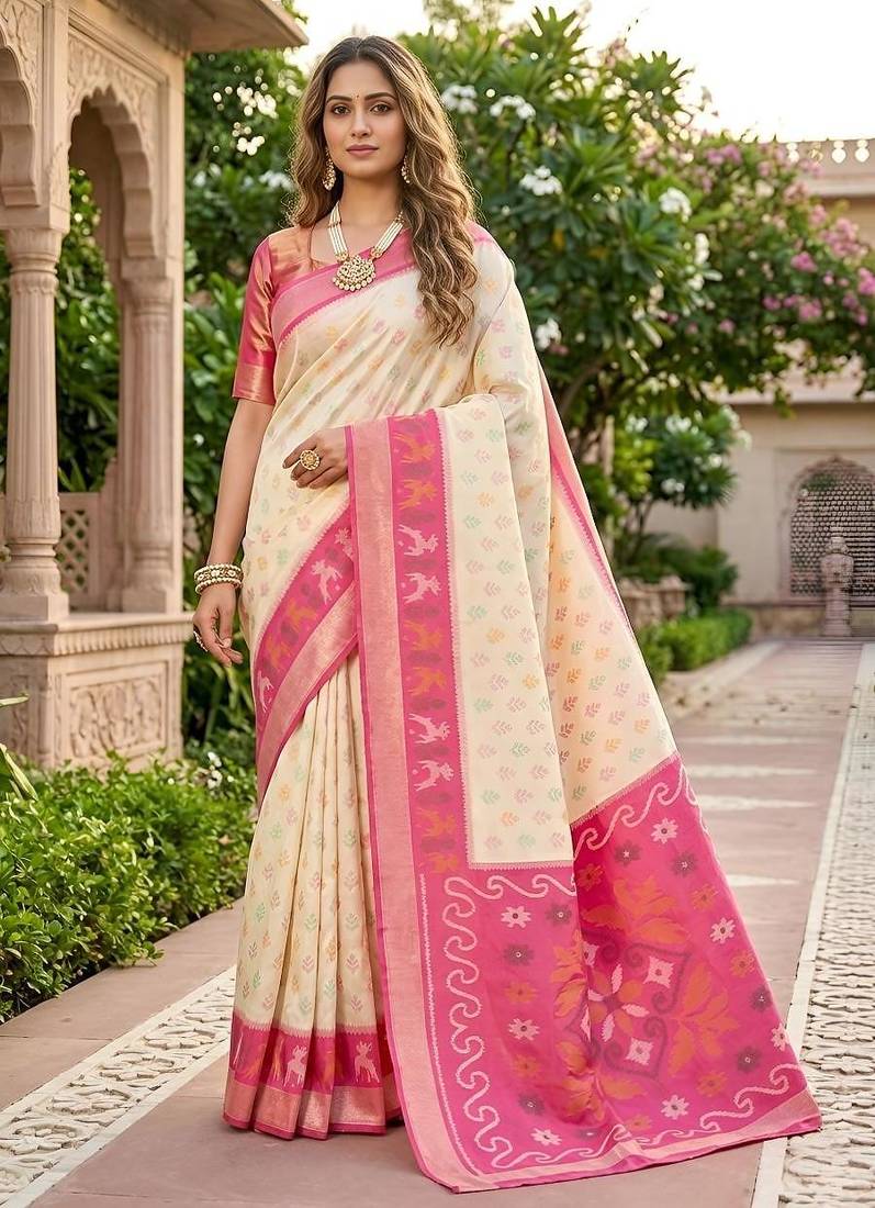 White color pochampally silk blend ikkat pattern zari woven border sarees