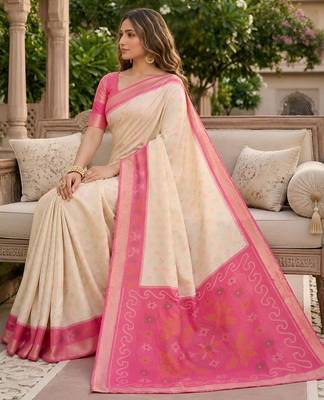 White color pochampally silk blend ikkat pattern zari woven border sarees 4