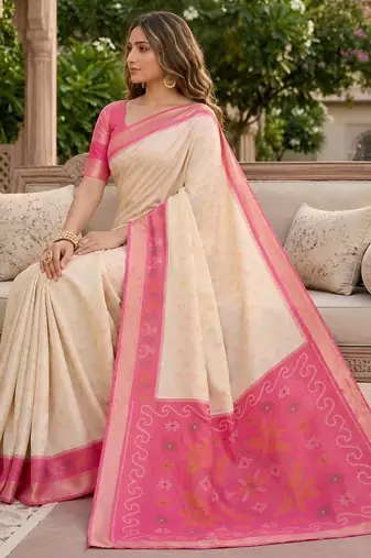 White color pochampally silk blend ikkat pattern zari woven border sarees