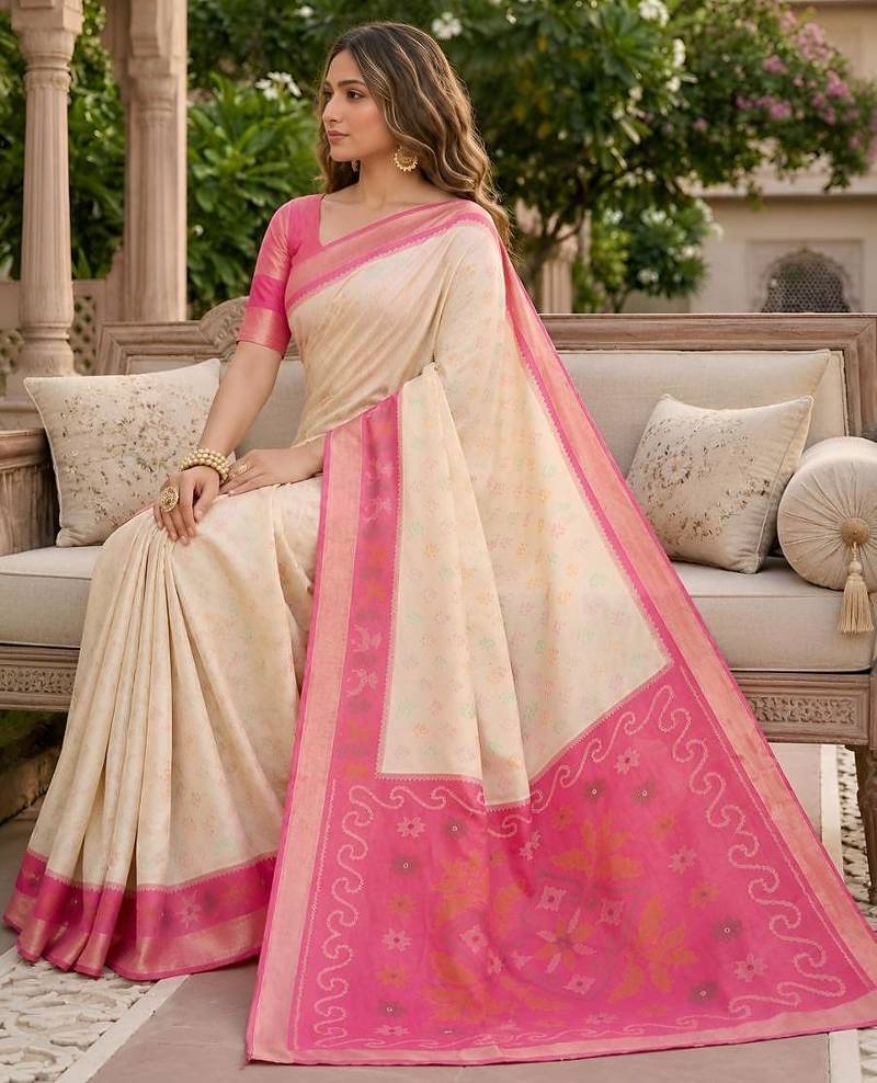 White color pochampally silk blend ikkat pattern zari woven border sarees