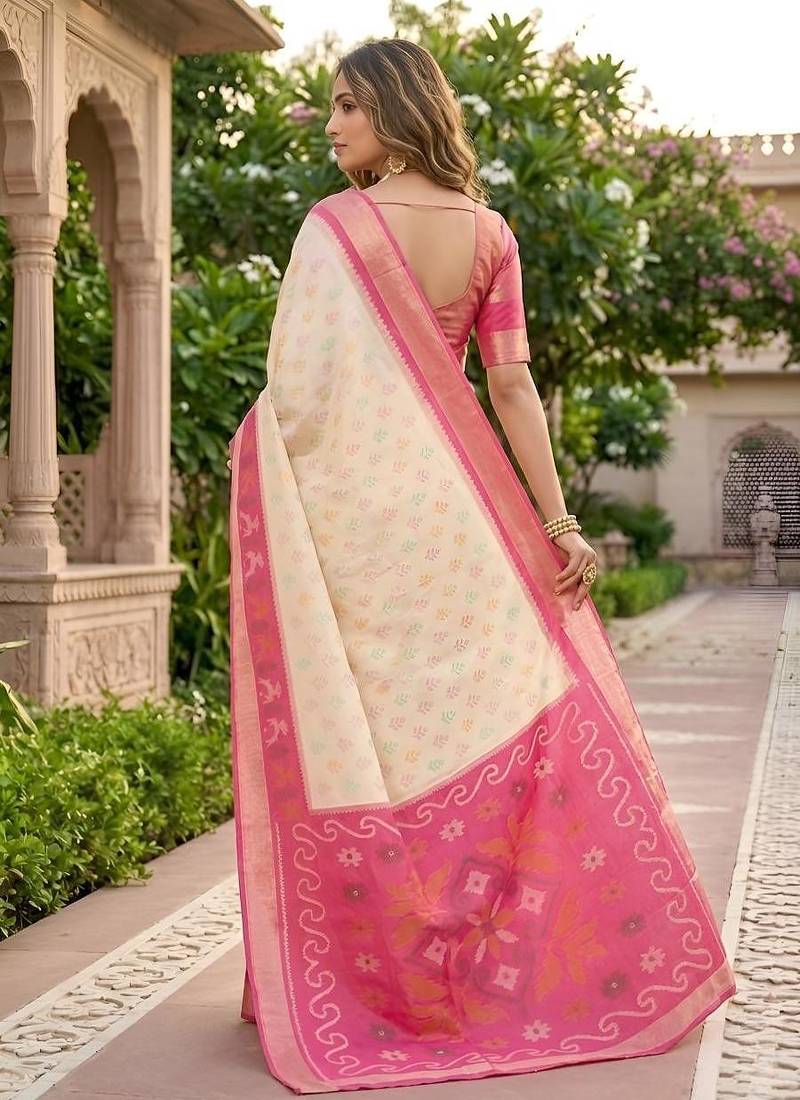 White color pochampally silk blend ikkat pattern zari woven border sarees