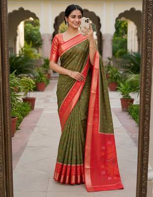 Mehendi color pochampally silk blend ikkat pattern zari woven border sarees 1