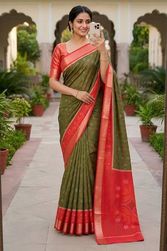 Mehendi color pochampally silk blend ikkat pattern zari woven border sarees