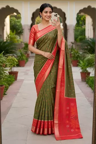Mehendi color pochampally silk blend ikkat pattern zari woven border sarees