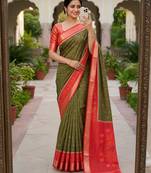 Mehendi color pochampally silk blend ikkat pattern zari woven border sarees