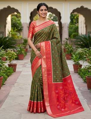 Mehendi color pochampally silk blend ikkat pattern zari woven border sarees 2