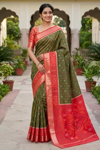 Mehendi color pochampally silk blend ikkat pattern zari woven border sarees