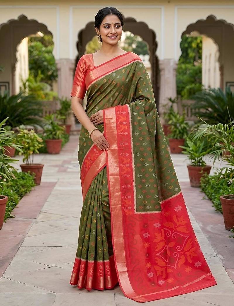 Mehendi color pochampally silk blend ikkat pattern zari woven border sarees