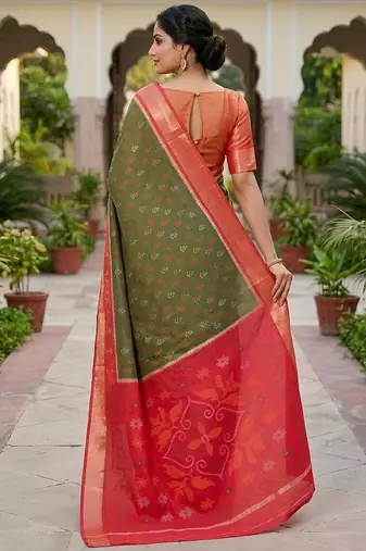 Mehendi color pochampally silk blend ikkat pattern zari woven border sarees
